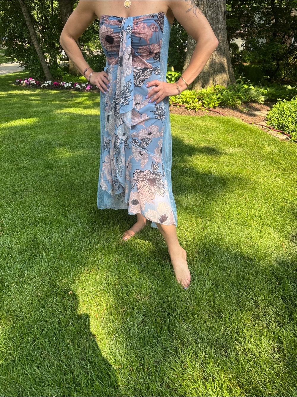 Strapless High-Low Floral Dress in Sky Blue